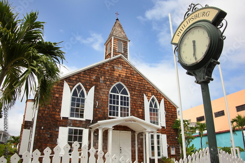 The Methodist Church with a traditional street clock outside, Philipsburg, St Maarten, Caribbean. photo