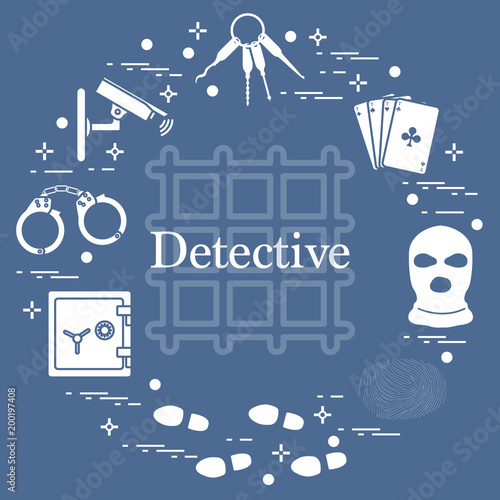 Criminal and detective elements. Crime, law and justice vector icons.