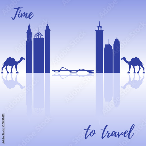Famous skyscrapers of the world, bridge and camels