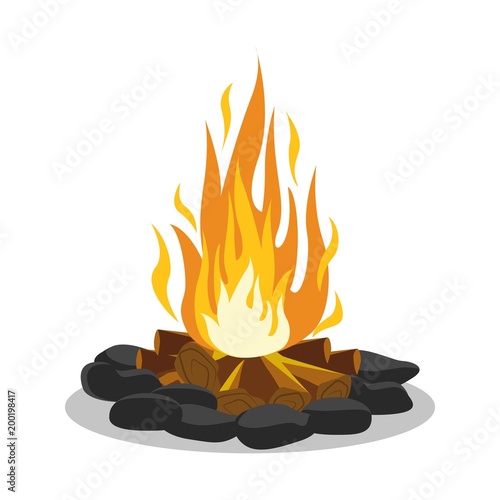 vector illustration of burning bonfire with wood and stone on white background