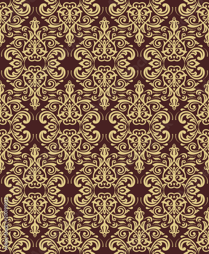 Classic seamless vector pattern. Damask orient brown and golden ornament. Classic vintage background. Orient ornament for fabric, wallpaper and packaging