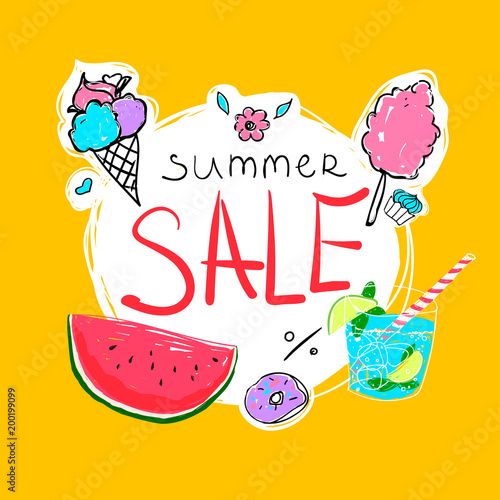 Summer Sale calligraphy with watermelon, donut, ice-cream, cocktail and candyfloss. Vector hand drawn illustration on an orange background.