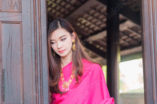 Asian woman wearing traditional Thai culture,Asian woman wearing typical Thai dress identity culture of Thailand.