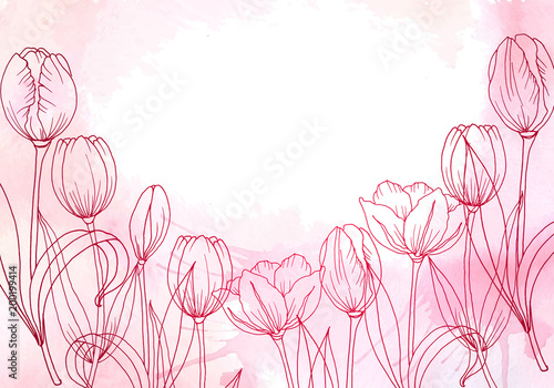 The drawn flowers. Banner or card. Watercolor.