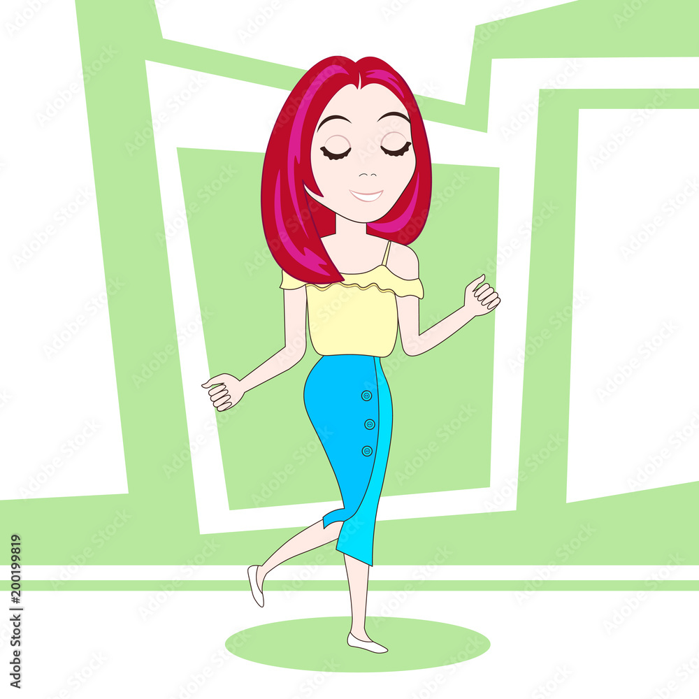 Cute Cheerful Woman In Fashion Clothes Dancing Vector Illustration