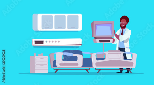 African American Doctor Check Hospital Ward Equipment Medical Clinic Concept Flat Vector Illustration