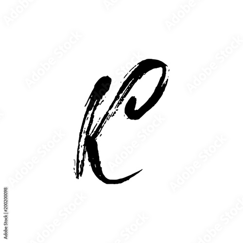 Letter K. Handwritten by dry brush. Rough strokes textured font. Vector illustration. Grunge style elegant alphabet.