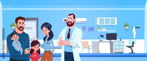 Family Doctor With Happy Parents And Kids Over Over Pediatrician Hospital Room Background Flat Vector Illustration