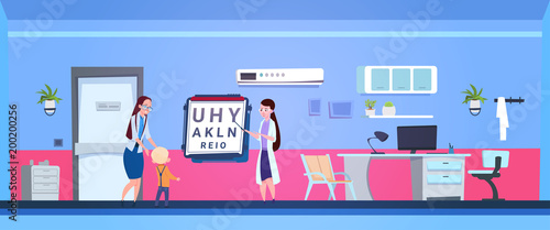 Boy Eye Exaination With Ophthalmologist Doctor In Hospital Office Flat Vector Illustration