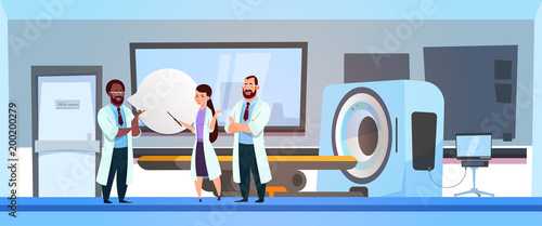 Team Of Doctors Over Mri Machine Scanner Hospital Room Inteior Flat Vector Illustration
