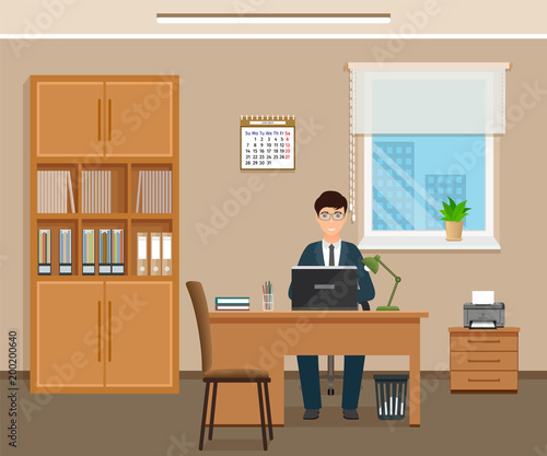 Man office employee sitting on working place at the table with laptop. Business worker character in office interior.