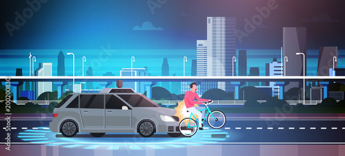 Car Hit Man On Bike On Road Over City Background Crash Accident Vector Illustration