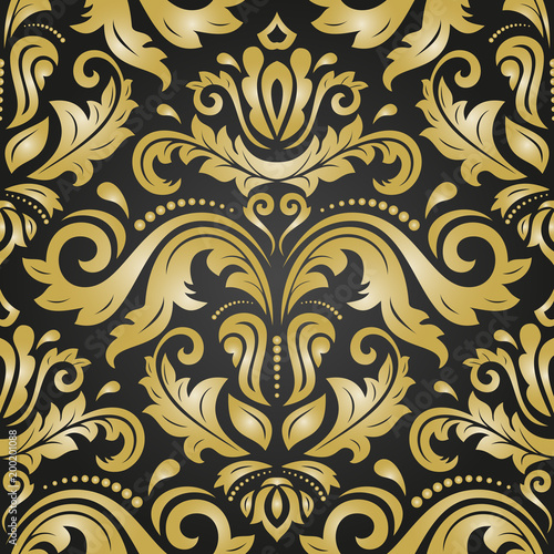 Classic seamless vector pattern. Damask orient ornament. Classic vintage black and golden background. Orient ornament for fabric  wallpaper and packaging