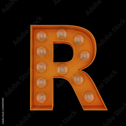 3D Illustration. The capital letter R with light bulbs.