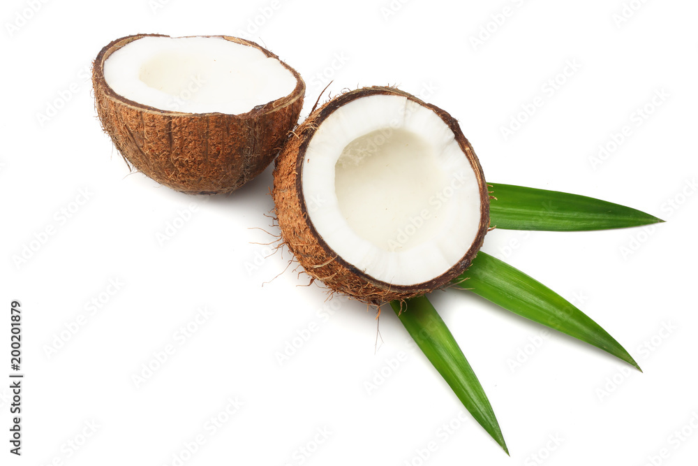 Coconut with green leaves isolated on white background Coconut with green leaves isolated on white background