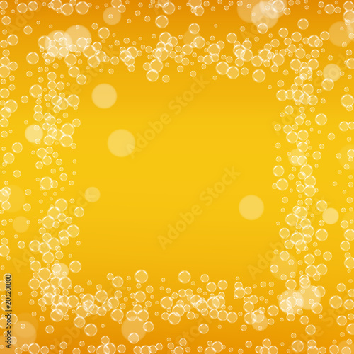 Beer background with realistic bubbles. Cool liquid drink for pub and bar menu design, banners and flyers. Yellow square beer background with white frothy foam. Cold glass of ale for brewery design.