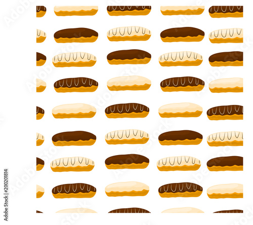 Vector icon illustration logo for cake French eclair with custard cream. Eclair pattern consisting of different colored sweet french dessert confection. Eat tasty cakes eclairs covered in glaze creams