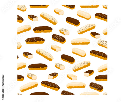 Vector icon illustration logo for cake French eclair with custard cream. Eclair pattern consisting of different colored sweet french dessert confection. Eat tasty cakes eclairs covered in glaze creams