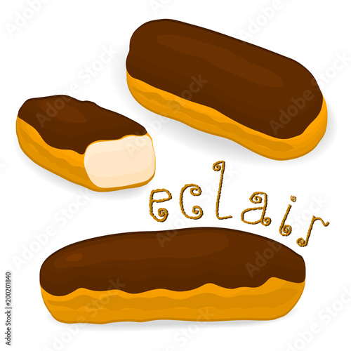 Vector icon illustration logo for cake French eclair with custard cream. Eclair pattern consisting of different colored sweet french dessert confection. Eat tasty cakes eclairs covered in glaze creams
