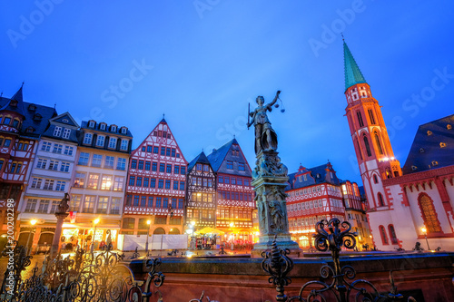 Romerberg square, the historical old town centre in Frankfurt, Germany at twilight time