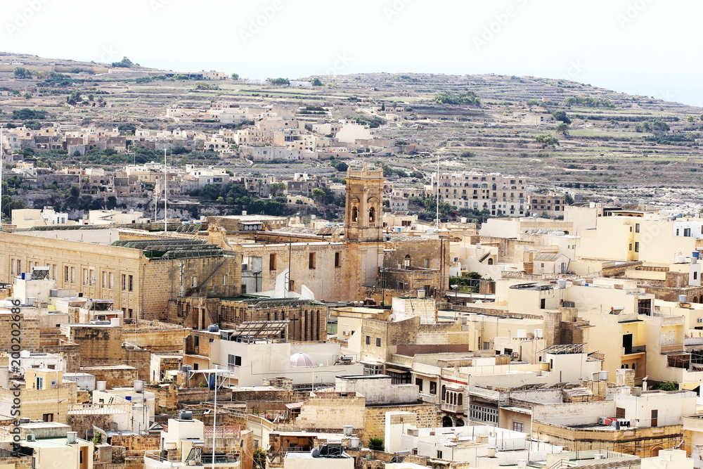View over the city of Victoria or Rabat at Gozo, the neighboring island of Malta
