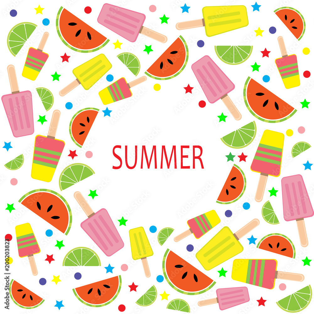 Multicolored summer card with ice cream, slices watermelon and lime, circles, stars. Vector background.