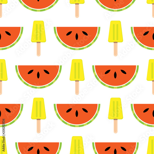 Vector seamless summer theme background with fruits and ice cream. Stylish bright background.