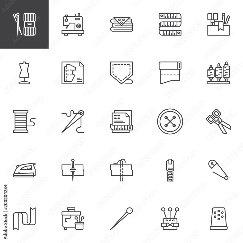 Sewing outline icons set. linear style symbols collection, line signs pack. vector graphics. Set includes icons as Knitting, Sewing machine, Fabrics, Measuring tape, Pattern, Pocket, Zipper, Button Sewing outline icons set. linear style symbols collection, line signs pack. vector graphics. Set includes icons as Knitting, Sewing machine, Fabrics, Measuring tape, Pattern, Pocket, Zipper, Button