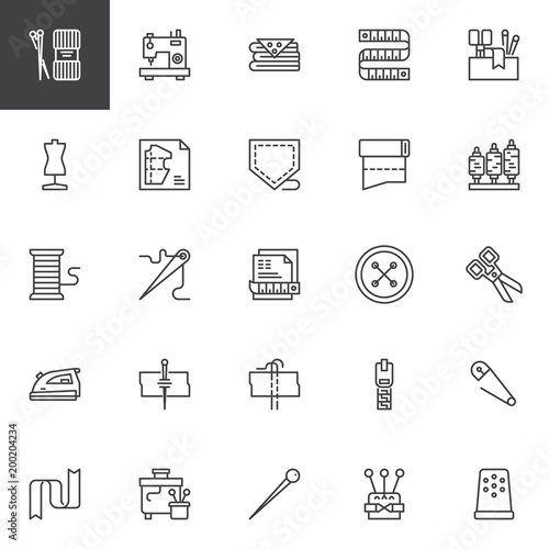 Sewing outline icons set. linear style symbols collection, line signs pack. vector graphics. Set includes icons as Knitting, Sewing machine, Fabrics, Measuring tape, Pattern, Pocket, Zipper, Button