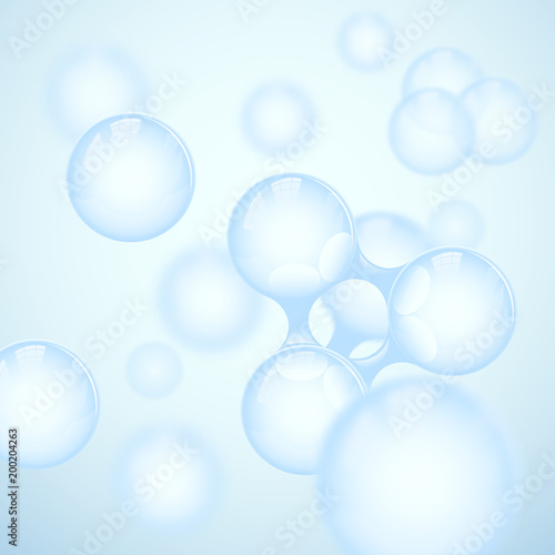 Vector abstract light blue glossy molecule design. Atoms illustration. Medical background for science banner or flyer. Molecular structure with 3d spherical particles looks like water or air.