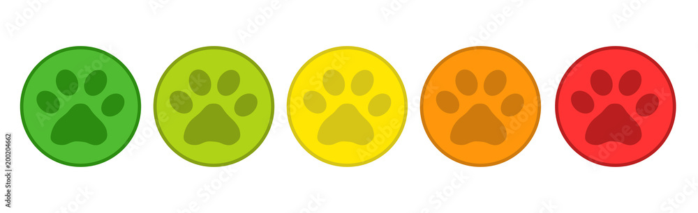 Product Rating System - 5 Animal Paw Buttons From Green To Red - Vector Illustration - Isolated On White Background Product Rating System - 5 Animal Paw Buttons From Green To Red - Vector Illustration - Isolated On White Background
