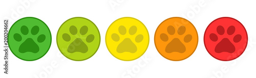 Product Rating System - 5 Animal Paw Buttons From Green To Red - Vector Illustration - Isolated On White Background
