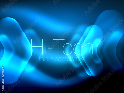 Blurred arrows in dark space. Neon pointers, glass glossy design, abstract shiny techno background, web banner