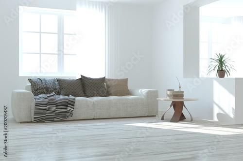 Idea of white minimalist room with sofa. Scandinavian interior design. 3D illustration