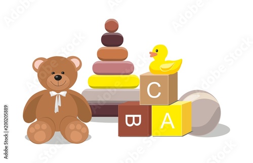 Bear and clorful toys isolated on white background. Kids toys concept. 