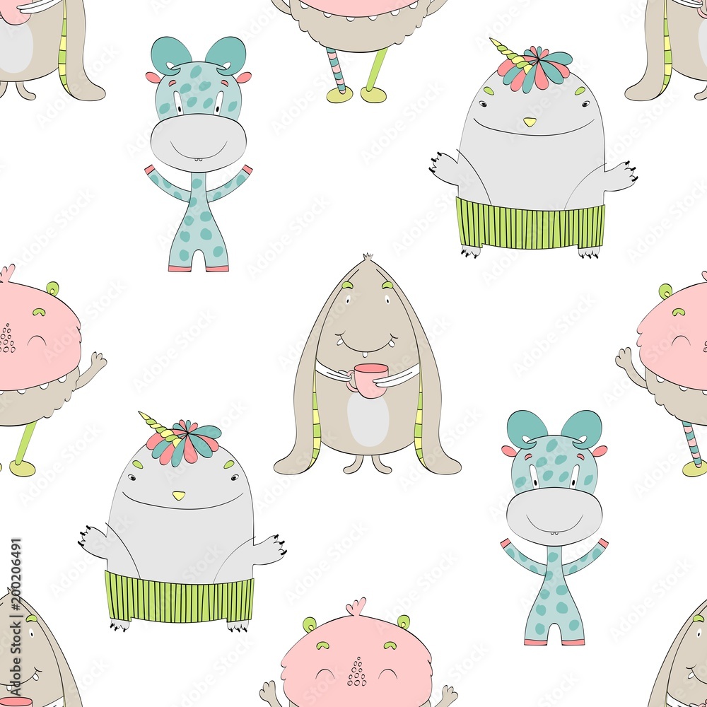 Vector Seamless pattern with cartoon funny monsters. Vector Seamless pattern with cartoon funny monsters.