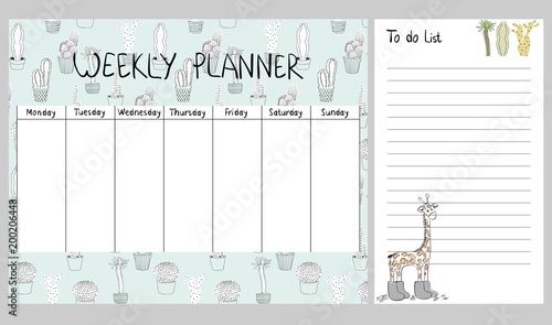 Hand drawing vector weekly planner with cactuses and giraffe.