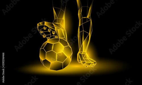 Soccer yellow neon background. Polygonal Foot of a football player on the ball.