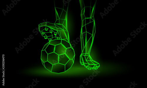 Soccer green neon background. Polygonal Foot of a football player on the ball.