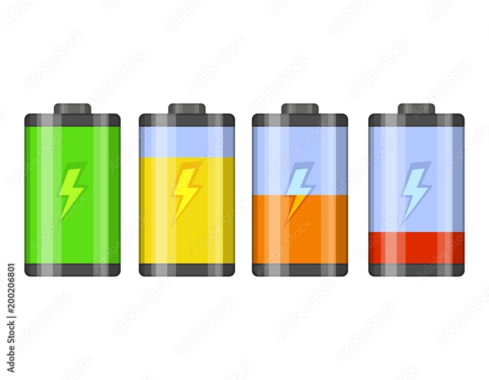 Set of battery level indicator vector icons. Glossy transparent Battery with lightning isolated on white background. Vector illustration Set of battery level indicator vector icons. Glossy transparent Battery with lightning isolated on white background. Vector illustration