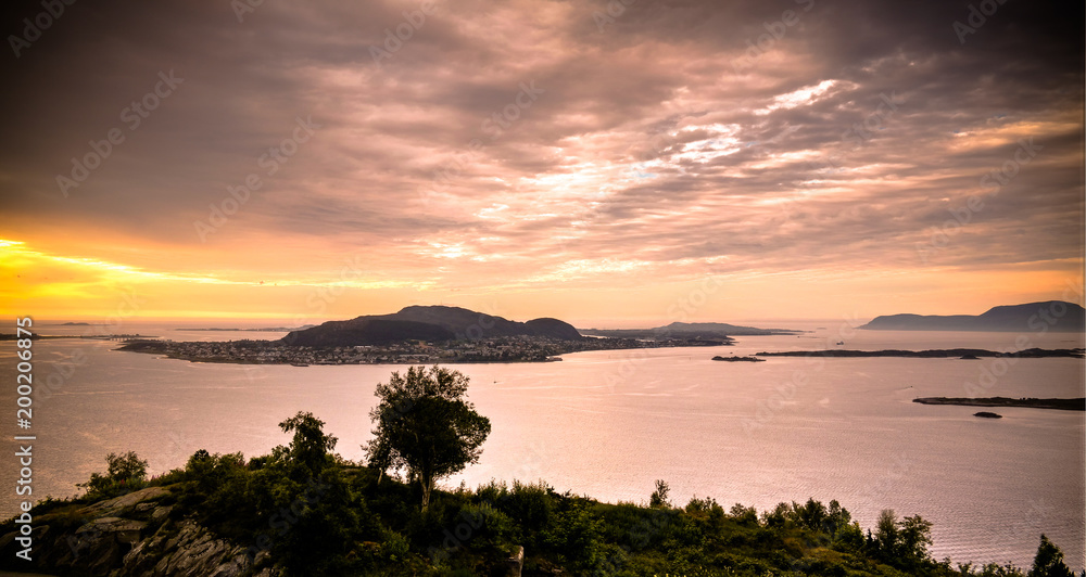 Sunset panorama view to Alesund from Fjellstua viewpoint, Norway