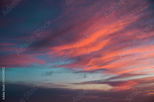 Gorgeous blue and pink sunset sky over high mountain silhouettes, Malibu, California