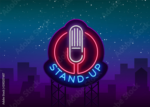 Stand Up Logo in Neon Style. Comedy show is neon sign, symbol, an invitation to a comedy performance, bright banner, neon poster, nightlit advertising for your projects. Vector illustration