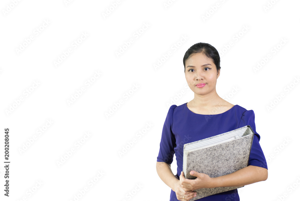 Young business woman holding a file, isolated on white background with clipping paths Young business woman holding a file, isolated on white background with clipping paths