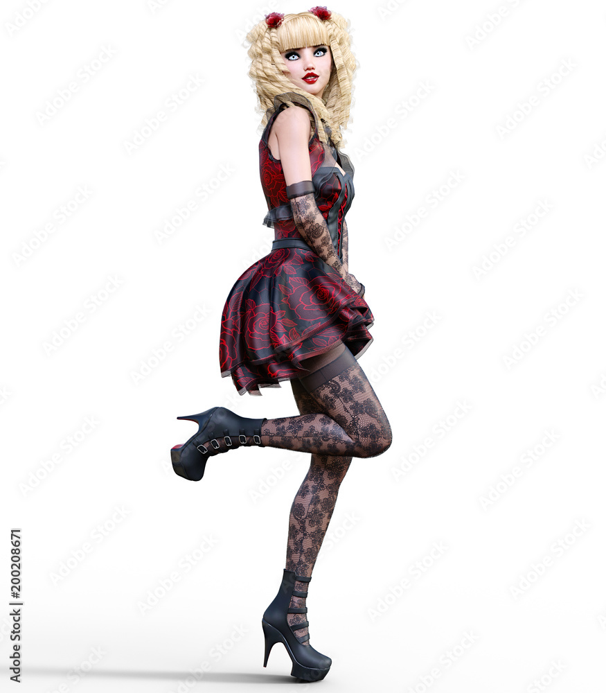 Young beautiful girl with doll face posing photo shoot. Short dark red dress, stockings, shoes. Long blonde hair. Bright goth make up. Conceptual fashion art. Realistic 3D render illustration. Young beautiful girl with doll face posing photo shoot. Short dark red dress, stockings, shoes. Long blonde hair. Bright goth make up. Conceptual fashion art. Realistic 3D render illustration.