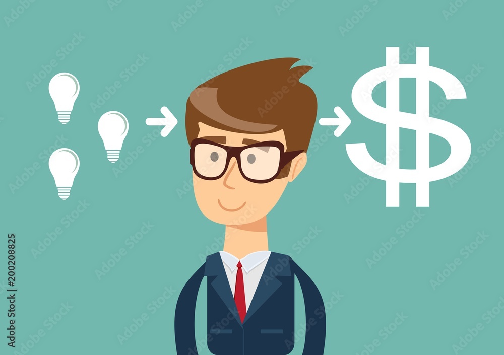 Successful Businessman with idea bulb get a lot of money. Business creativity concept. Stock flat vector illustration. Successful Businessman with idea bulb get a lot of money. Business creativity concept. Stock flat vector illustration.