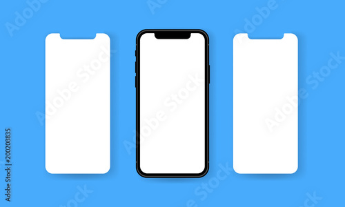 Black frameless smartphone with blank wireframe screens. Modern mobile app design concept. Vector illustration