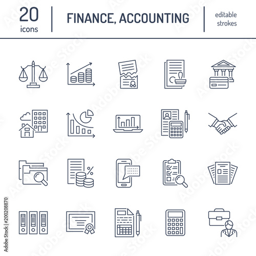 Financial accounting flat line icons. Bookkeeping, tax optimization, firm dissolution, accountant outsourcing, payroll, real estate crediting. Accountancy finance thin linear signs for legal services.