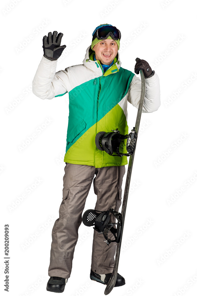 Full length portrait of young man in sportswear with snowboard isolated on a white background. Sport and people concept. Full length portrait of young man in sportswear with snowboard isolated on a white background. Sport and people concept.