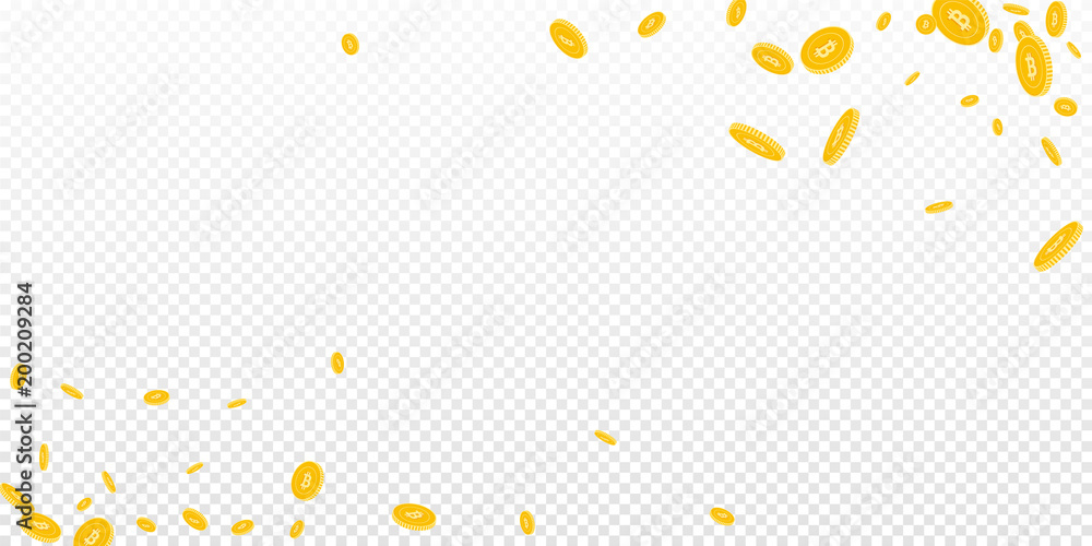 Bitcoin, internet currency coins falling. Scattered disorderly BTC coins on transparent background. Wonderful wide corners vector illustration. Jackpot or success concept.